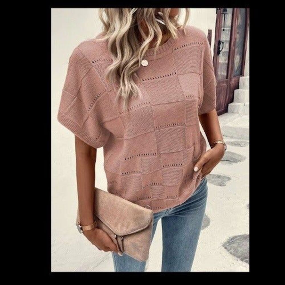 Shein Lune Pointelle Knit Sweater-Large-Blush Pink-Boxy-Batwing Sleeve-Classic